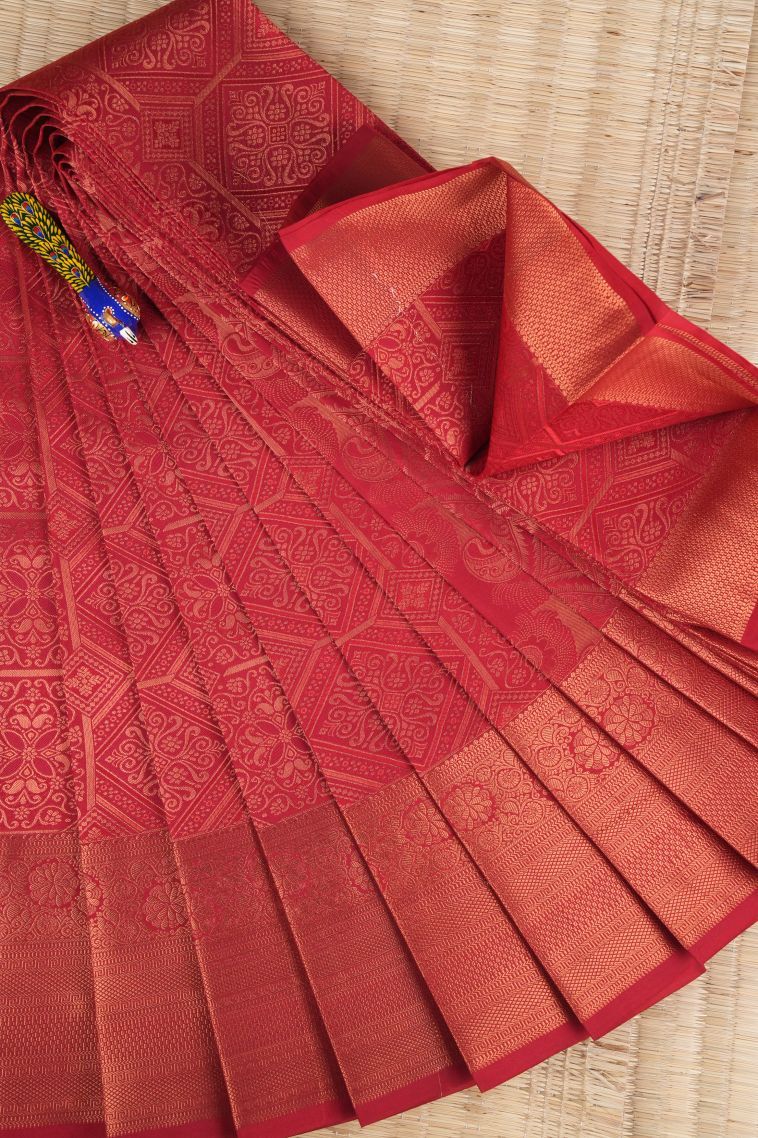 Apple Red Visiri Madippu Silk Sarees with Copper Zari Floral Patterns view 1