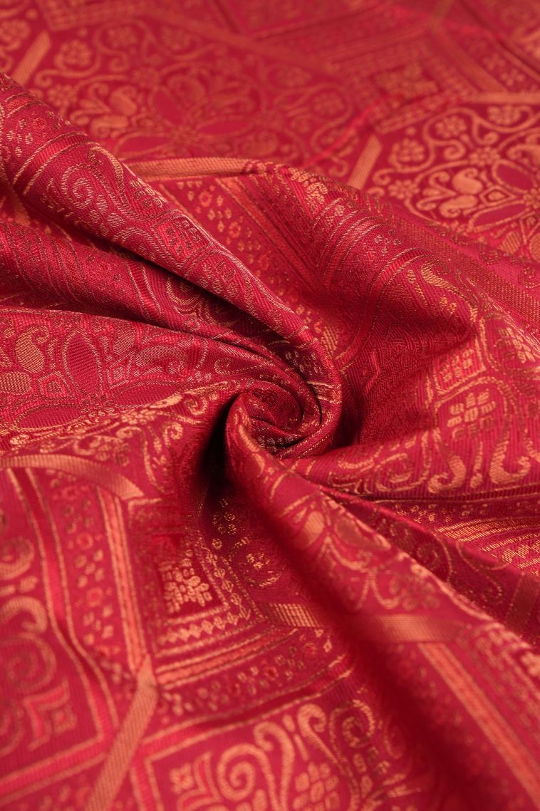 Apple Red Visiri Madippu Silk Sarees with Copper Zari Floral Patterns view 4
