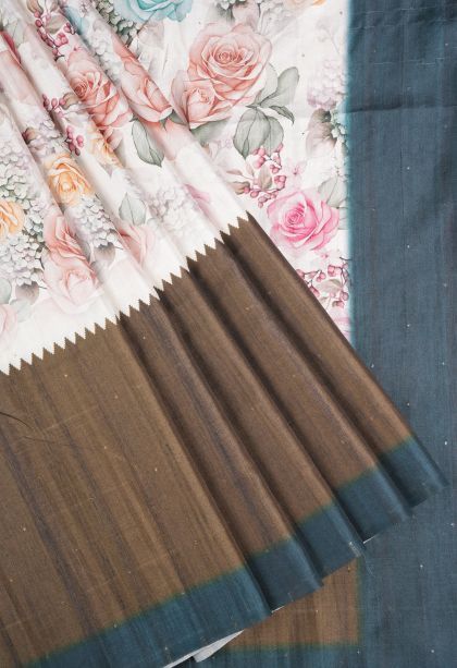 Daisy White Tussar Saree with Without Zari Zari Floral Patterns