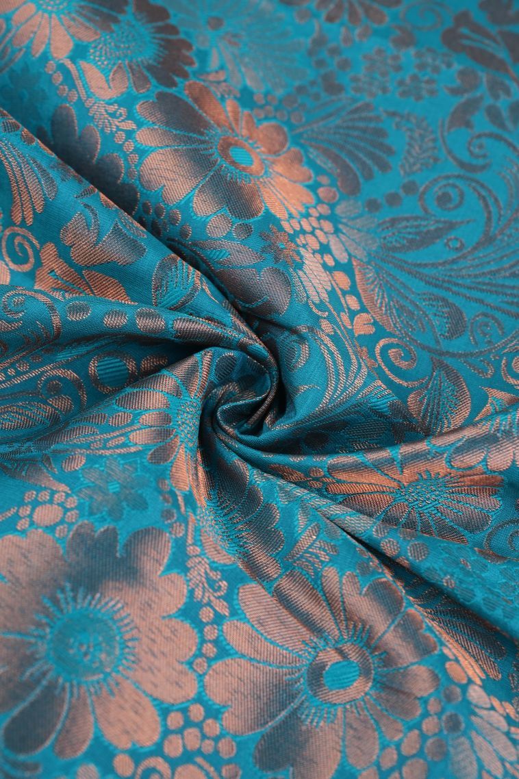 Cerulean Blue Visiri Madippu Silk Sarees with Copper Zari Floral Patterns view 4