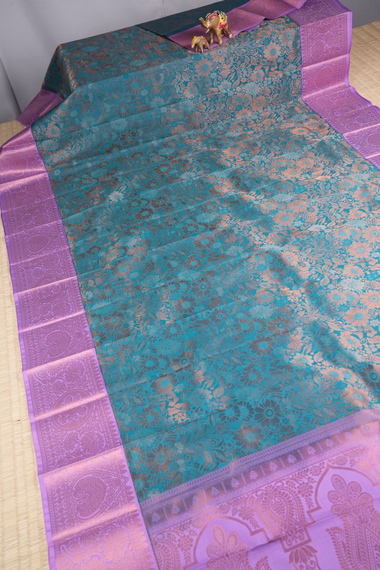 Cerulean Blue Visiri Madippu Silk Sarees with Copper Zari Floral Patterns view 2