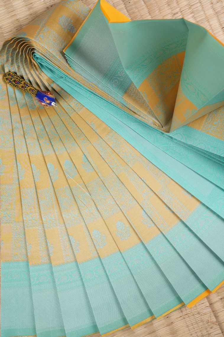 Lemon Yellow Visiri Madippu Silk Sarees with Silver Zari Buttis (small Dots Or Motifs) view 1