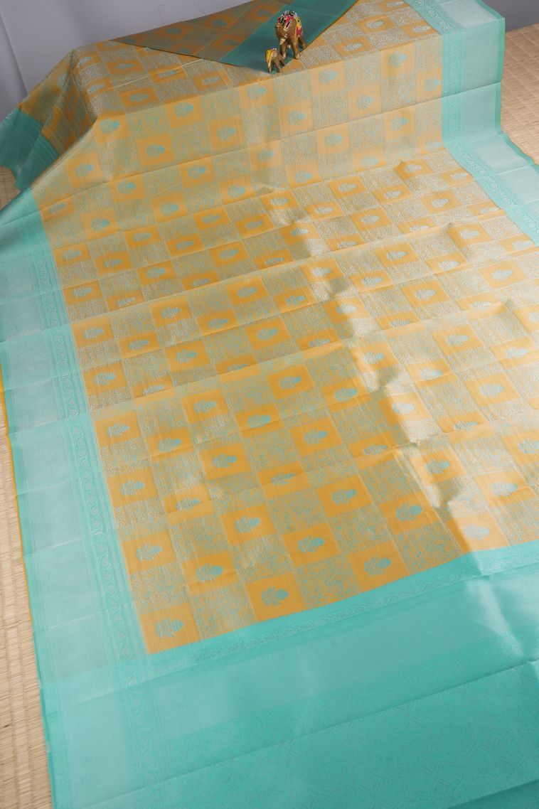 Lemon Yellow Visiri Madippu Silk Sarees with Silver Zari Buttis (small Dots Or Motifs) view 2