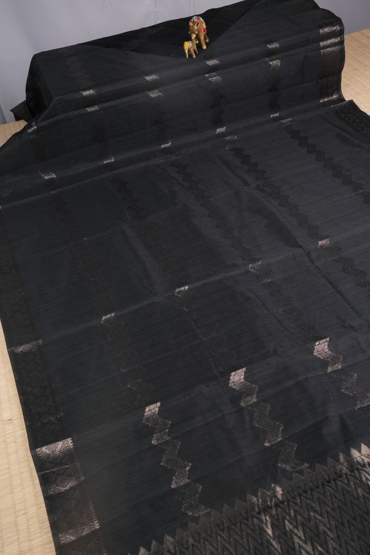 Asphalt Black Jute Sarees with Copper Zari Stripes view 2