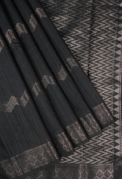Asphalt Black Jute Sarees with Copper Zari Stripes