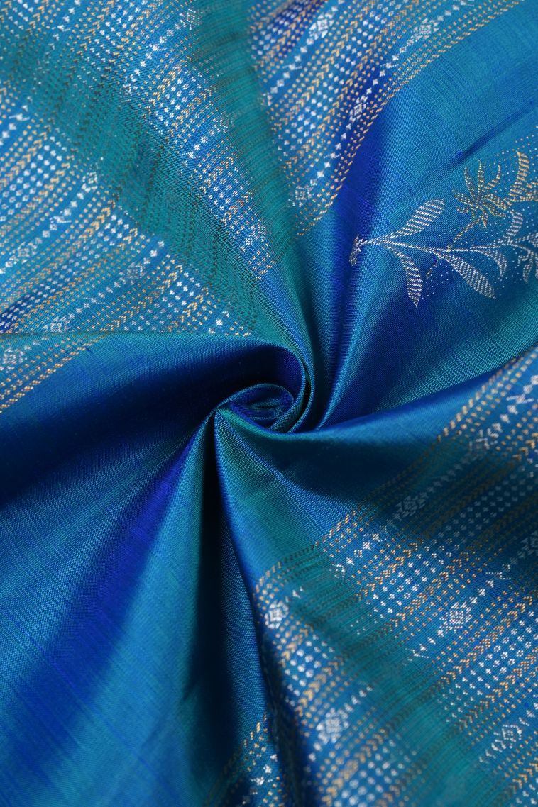 Peacock Blue Kanchipuram Silk Sarees with Gold Zari Stripes view 4