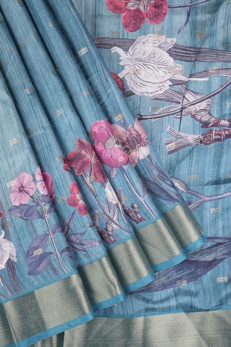 Admiral Blue Tussar Saree with Without Zari Zari Buttis (small Dots Or Motifs) view 1