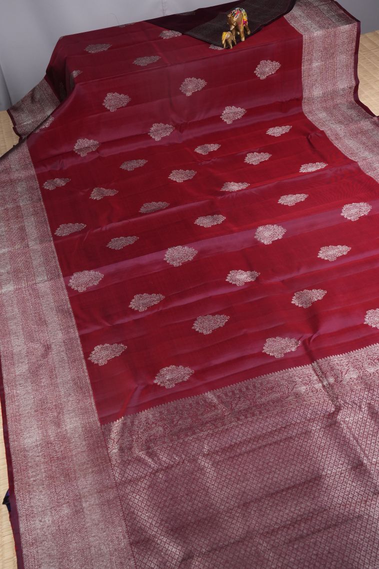 Apple Red Kanchipuram Silk Sarees with Silver Zari Abstract Designs view 2
