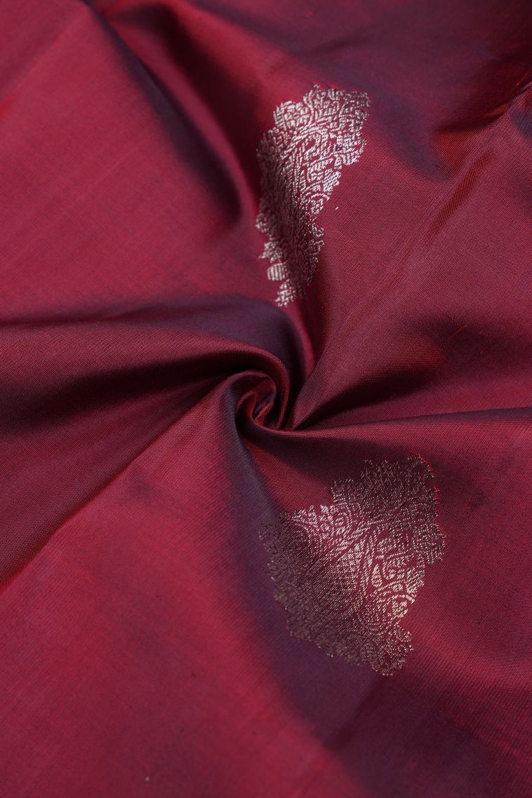 Apple Red Kanchipuram Silk Sarees with Silver Zari Abstract Designs view 4