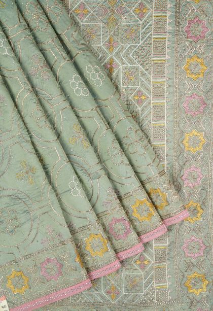 Pistachio Green Organza Saree with Without Zari Zari Floral Patterns