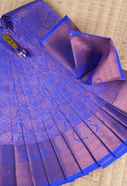 Cobalt Blue Visiri Madippu Silk Sarees with Copper Zari Floral Patterns