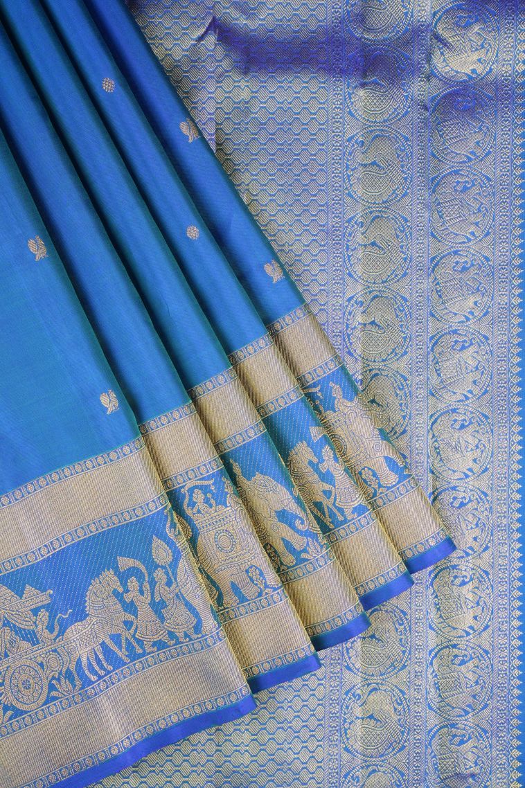 Ocean Blue Kanchipuram Silk Sarees with Gold Zari Buttis (small Dots Or Motifs) view 1