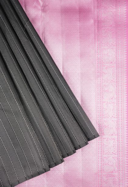 Asphalt Black Kanchipuram Silk Sarees with Silver Zari Stripes