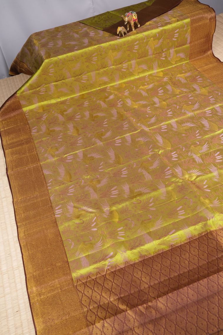 Lime Green Kanchipuram Silk Sarees with Gold Zari Floral Patterns view 2