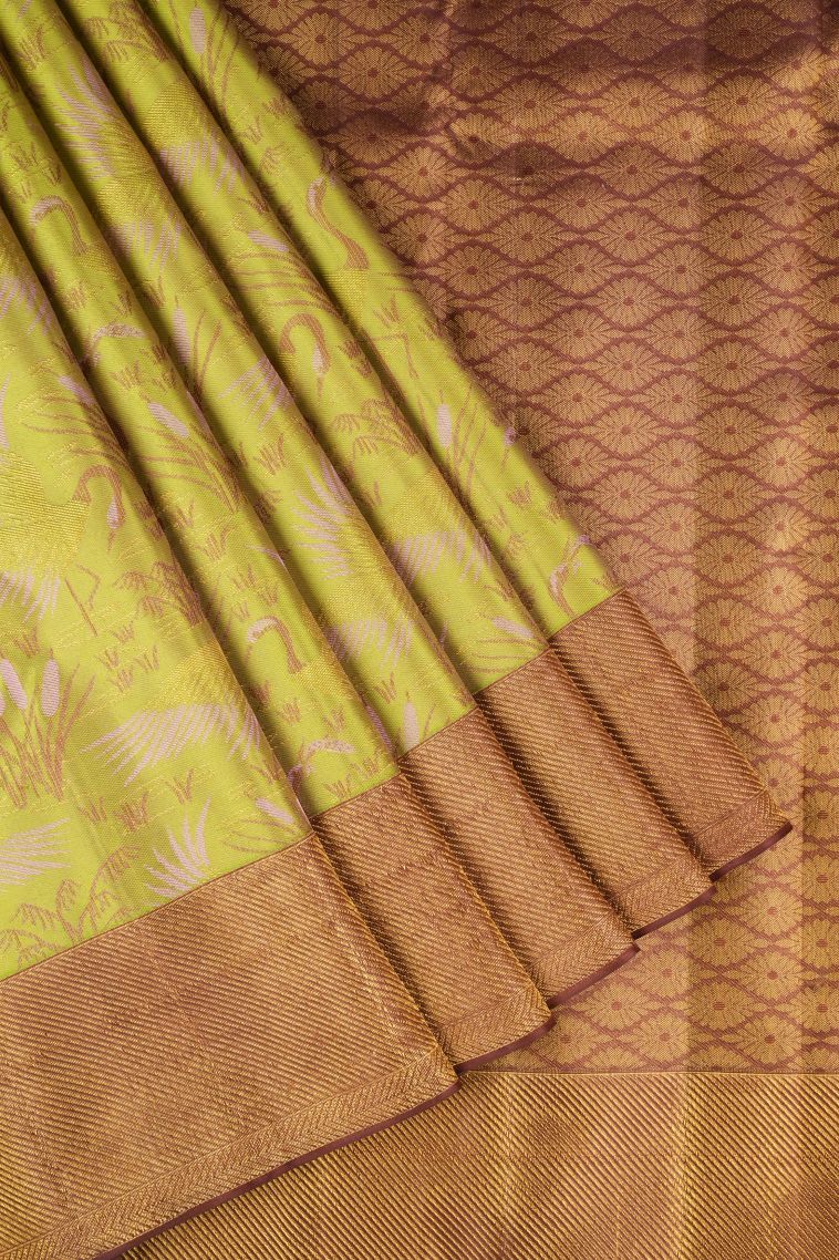 Lime Green Kanchipuram Silk Sarees with Gold Zari Floral Patterns view 1