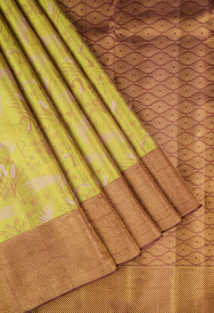 Lime Green Kanchipuram Silk Sarees with Gold Zari Floral Patterns