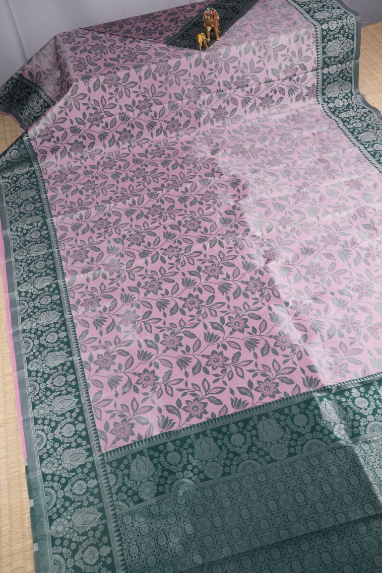 Ballet Pink Visiri Madippu Silk Sarees with Silver Zari Floral Patterns view 2