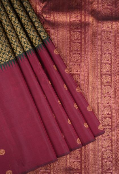 Bottle Green Kanchipuram Silk Sarees with Gold Zari Buttis (small Dots Or Motifs)