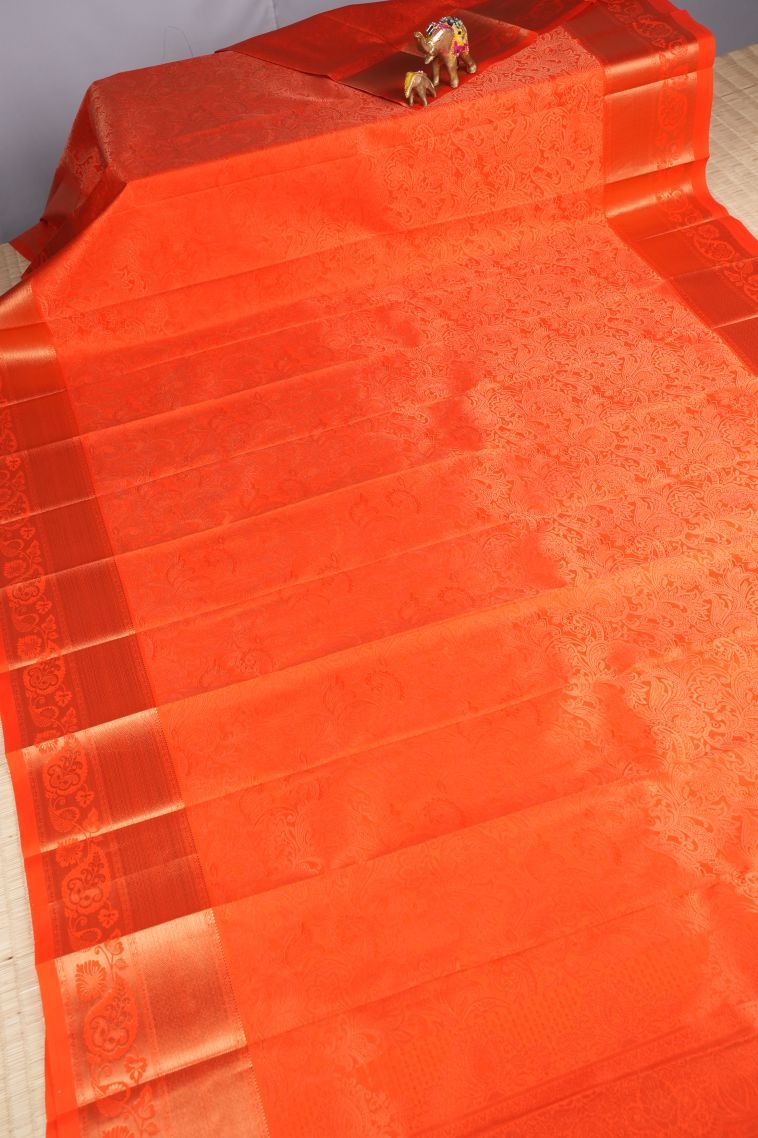 Tiger Orange Visiri Madippu Silk Sarees with Copper Zari Floral Patterns view 2