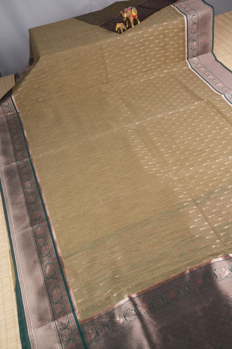 Fawn Yellow Tussar Saree with Copper Zari Stripes view 2