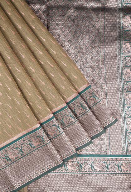 Fawn Yellow Tussar Saree with Copper Zari Stripes