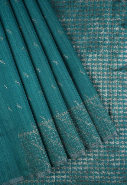 Cerulean Blue Jute Sarees with Copper Zari Buttis (small Dots Or Motifs)