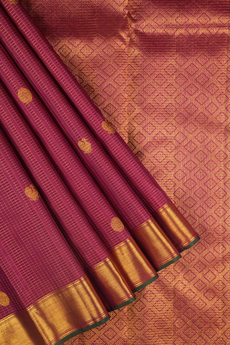 Lipstick Red Kanchipuram Silk Sarees with Gold Zari Checks view 1