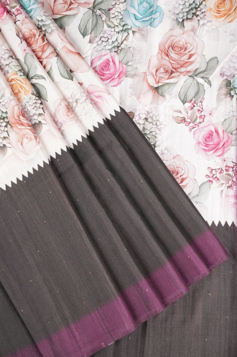 Daisy White Tussar Saree with Without Zari Zari Buttis (small Dots Or Motifs) view 1