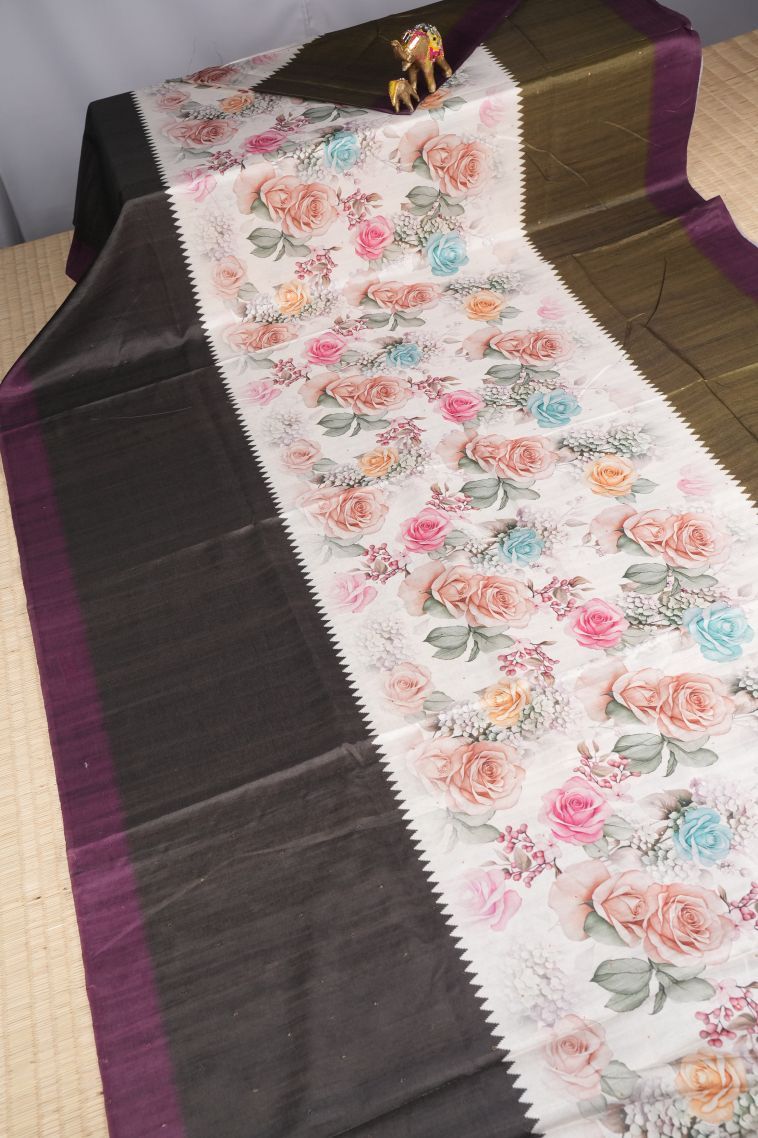 Daisy White Tussar Saree with Without Zari Zari Buttis (small Dots Or Motifs) view 2