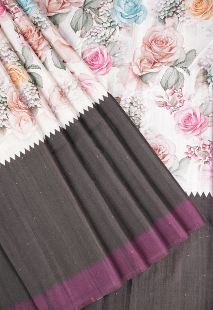 Daisy White Tussar Saree with Without Zari Zari Buttis (small Dots Or Motifs)