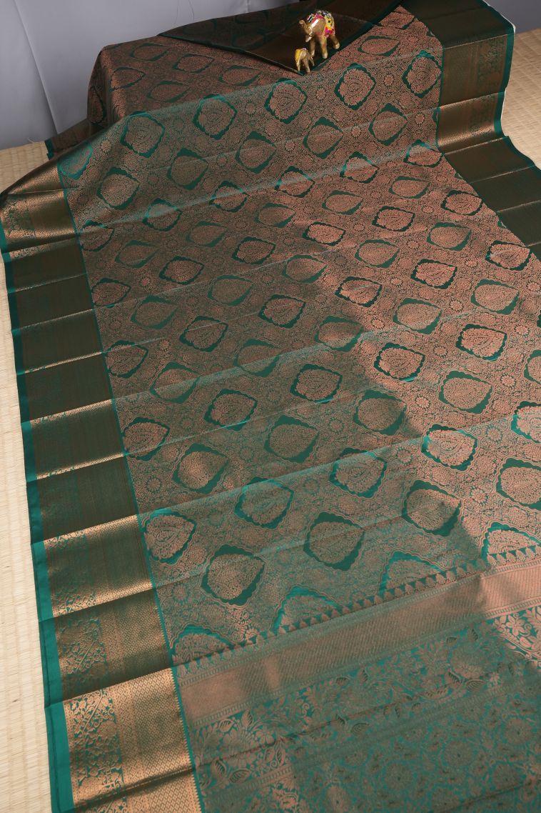 Basil Green Visiri Madippu Silk Sarees with Copper Zari Floral Patterns view 2