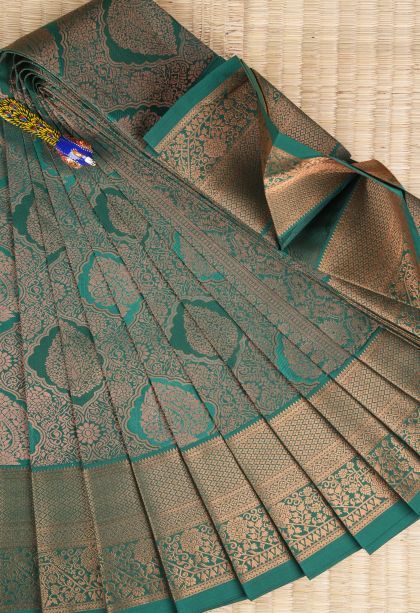 Basil Green Visiri Madippu Silk Sarees with Copper Zari Floral Patterns
