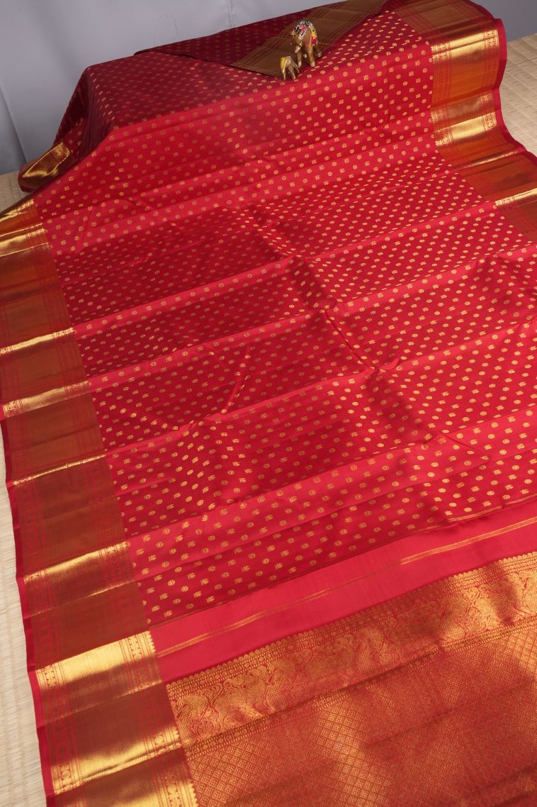 Rose  Red Kanchipuram Silk Sarees with Gold Zari Buttis (small Dots Or Motifs) view 2