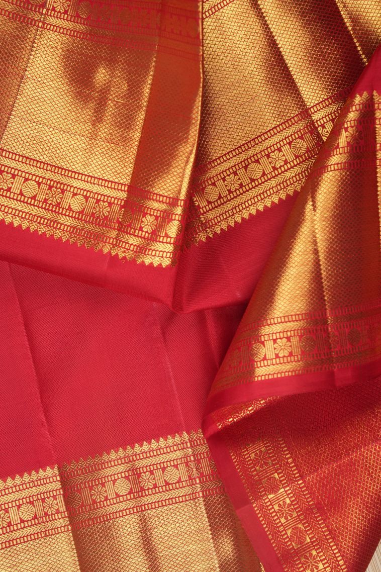 Rose  Red Kanchipuram Silk Sarees with Gold Zari Buttis (small Dots Or Motifs) view 3
