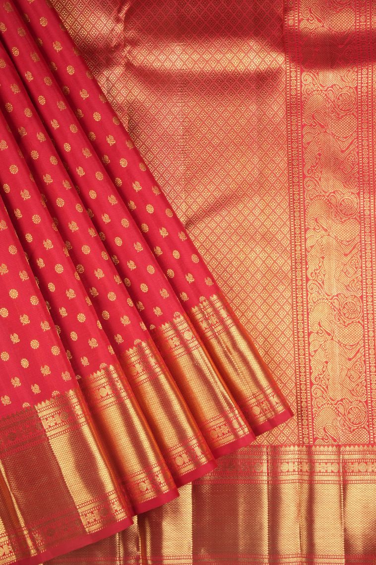 Rose  Red Kanchipuram Silk Sarees with Gold Zari Buttis (small Dots Or Motifs) view 1