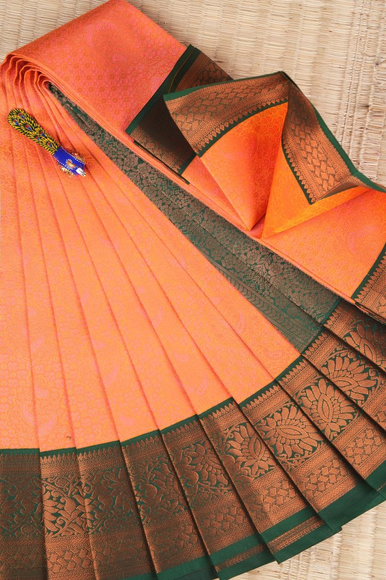 Coral Pink Visiri Madippu Silk Sarees with Copper Zari Floral Patterns view 1