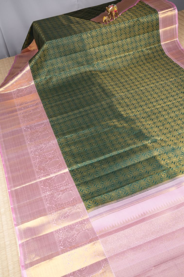 Bottle Green Kanchipuram Silk Sarees with Gold Zari Floral Patterns view 2