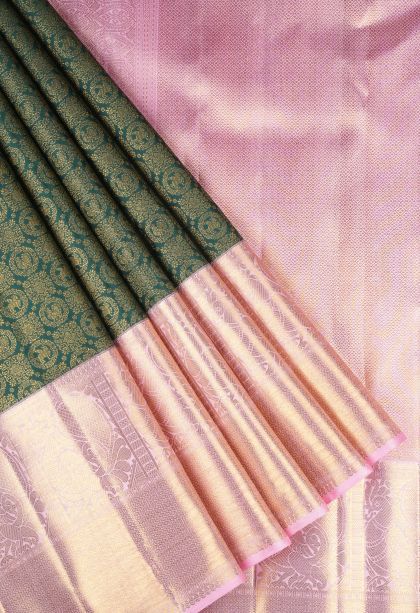 Bottle Green Kanchipuram Silk Sarees with Gold Zari Floral Patterns