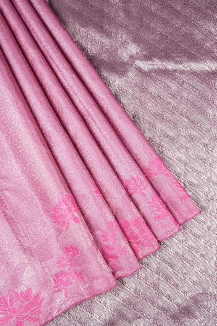 Ballet Pink Kanchipuram Silk Sarees with Silver Zari Geometric Shapes view 1
