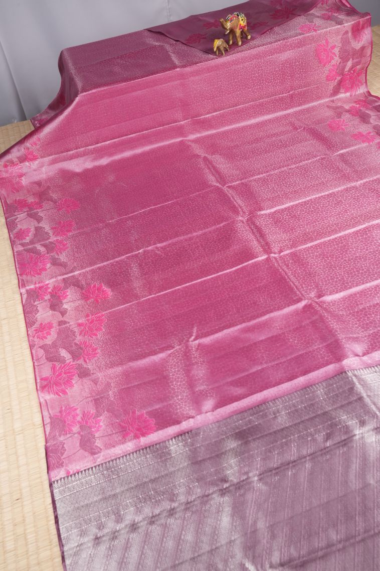Ballet Pink Kanchipuram Silk Sarees with Silver Zari Geometric Shapes view 2