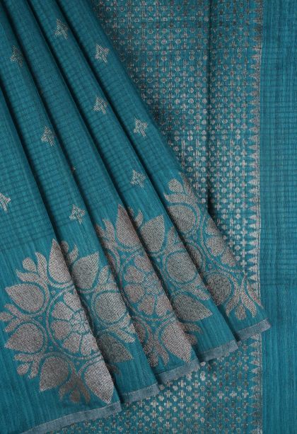 Cerulean Blue Jute Sarees with Copper Zari Buttis (small Dots Or Motifs)