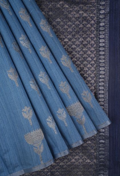 Sky Blue Jute Sarees with Copper Zari Buttis (small Dots Or Motifs)