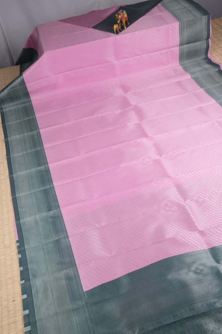 Blush Pink Visiri Madippu Silk Sarees with Silver Zari Stripes view 2