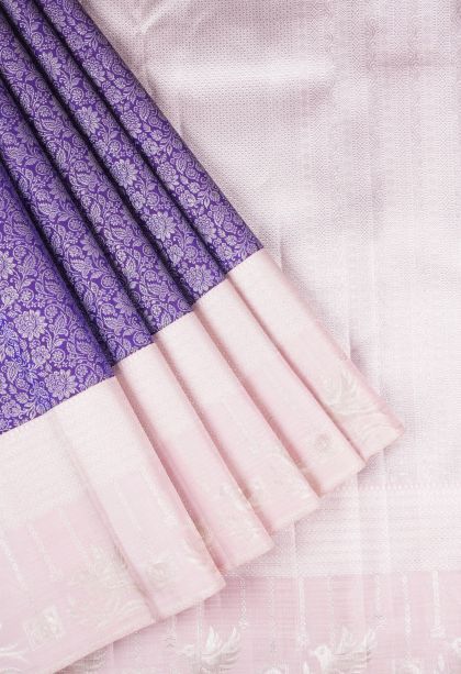 Viola Purple Kanchipuram Silk Sarees with Silver Zari Floral Patterns