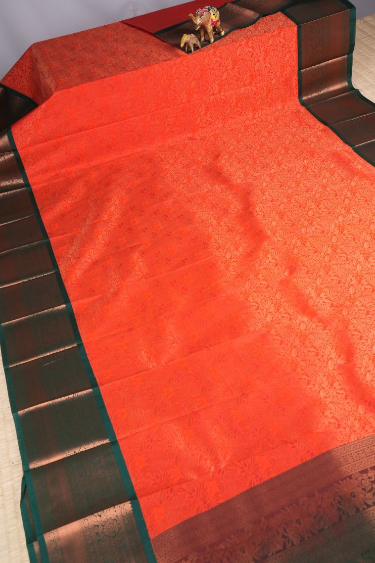 Tiger Orange Visiri Madippu Silk Sarees with Copper Zari Floral Patterns view 2