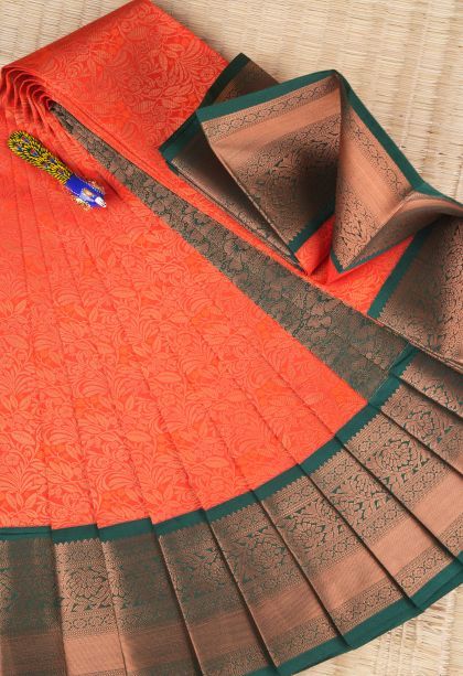 Tiger Orange Visiri Madippu Silk Sarees with Copper Zari Floral Patterns