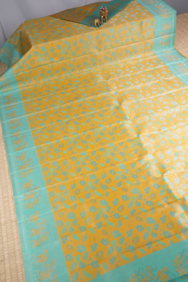Lemon Yellow Visiri Madippu Silk Sarees with Silver Zari Buttis (small Dots Or Motifs) view 2