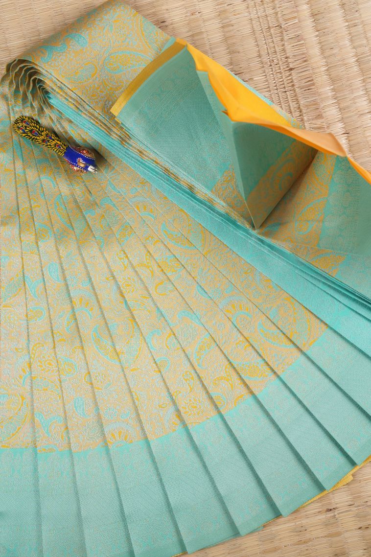 Lemon Yellow Visiri Madippu Silk Sarees with Silver Zari Floral Patterns view 1