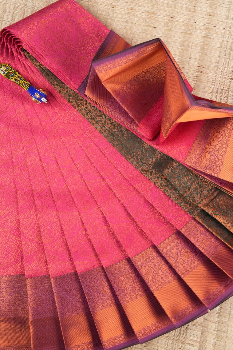 Bubblegum Pink Visiri Madippu Silk Sarees with Copper Zari Floral Patterns view 1