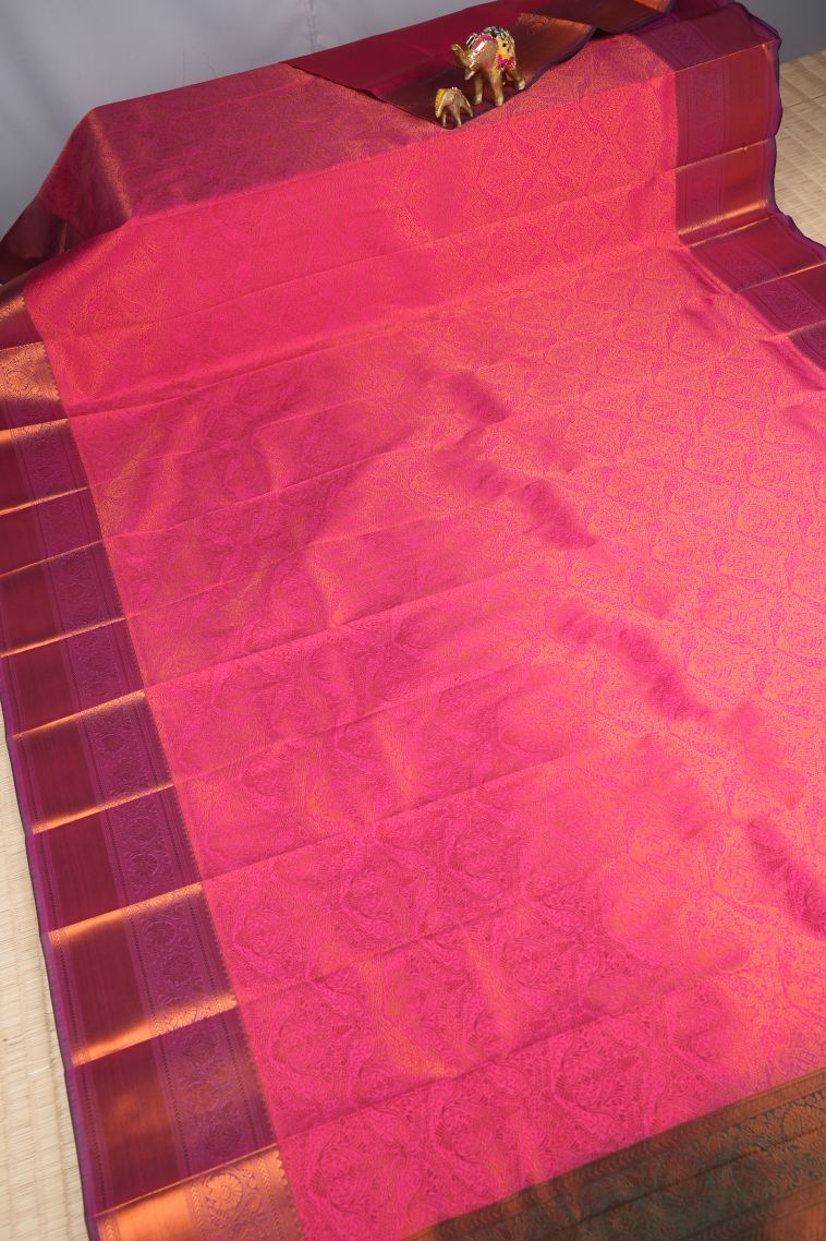 Bubblegum Pink Visiri Madippu Silk Sarees with Copper Zari Floral Patterns view 2